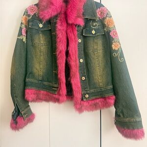 Floral Embroidered Denim Jacket with Pink Faux Fur Trim